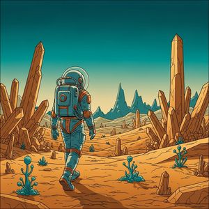 Google Image 4 output for the prompt: A Moebius (Jean Giraud) comic panel: an astronaut walking through a crystalline desert, flat cel shading, limited palette of ochre and teal