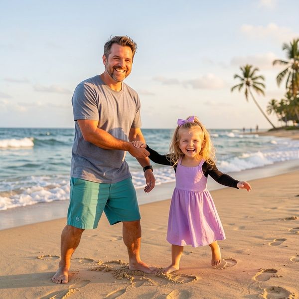 realistic photograph, dad and daugther smiling on the beach
