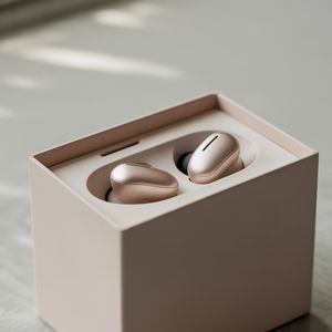 Ideogram V3 output for the prompt: Minimalist tech packaging: a matte white box slightly open revealing wireless earbuds, clean e-commerce background