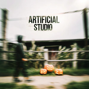 Cover o a halloween book named 'Artificial Studio', with a dark farm setting, with pumpkins and macabre things