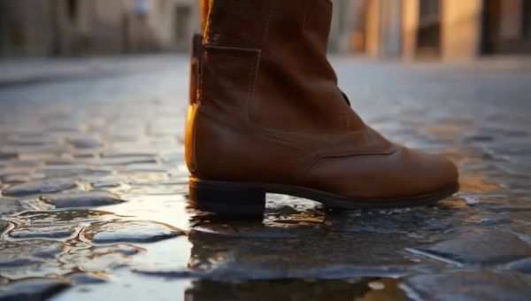 Mochi output for the prompt: A brown leather boot drops into a shallow puddle on a cobblestone street. Water splashes in a perfect circle, then settles. Slow motion 120fps, dawn light.