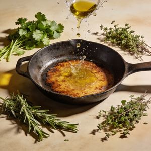 Seedream 4.5 output for the prompt: Overhead flat lay of a chef's station mid-service: cast iron pan, scattered herbs, a splatter of olive oil frozen mid-air