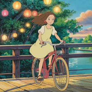 Ideogram V3 output for the prompt: A Studio Ghibli-style animation still of a girl on a bicycle crossing a bridge at sunset, lanterns in the trees