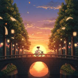 Google Image 4 output for the prompt: A Studio Ghibli-style animation still of a girl on a bicycle crossing a bridge at sunset, lanterns in the trees