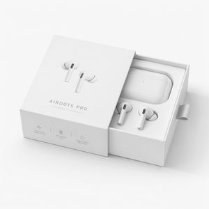 GPT Image 2 output for the prompt: Minimalist tech packaging: a matte white box slightly open revealing wireless earbuds, clean e-commerce background